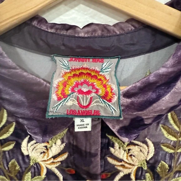 Johnny Was Velvet Purple Camouflage Floral Embroidered Shirt